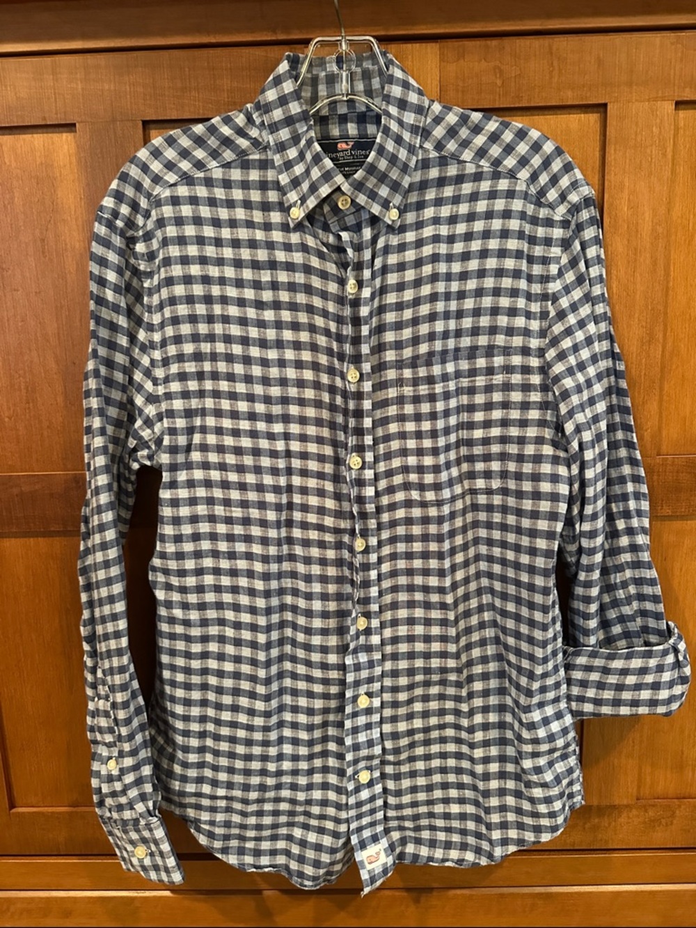 Vineyard Vines Navy and Light Blue Gingham Button-Down Shirt (Sm)
